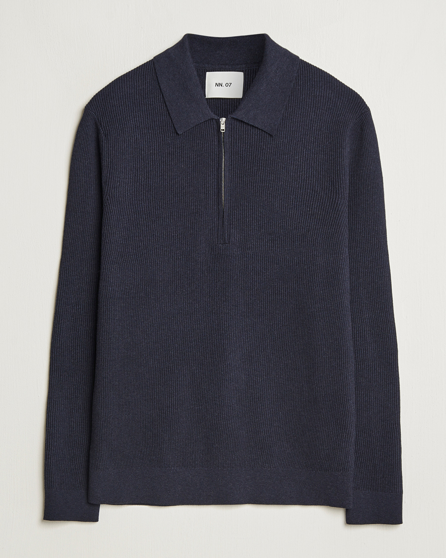 Hombres | Jerséis y prendas de punto | NN07 | Hansie Ribbed Knitted Half Zip Navy Melange