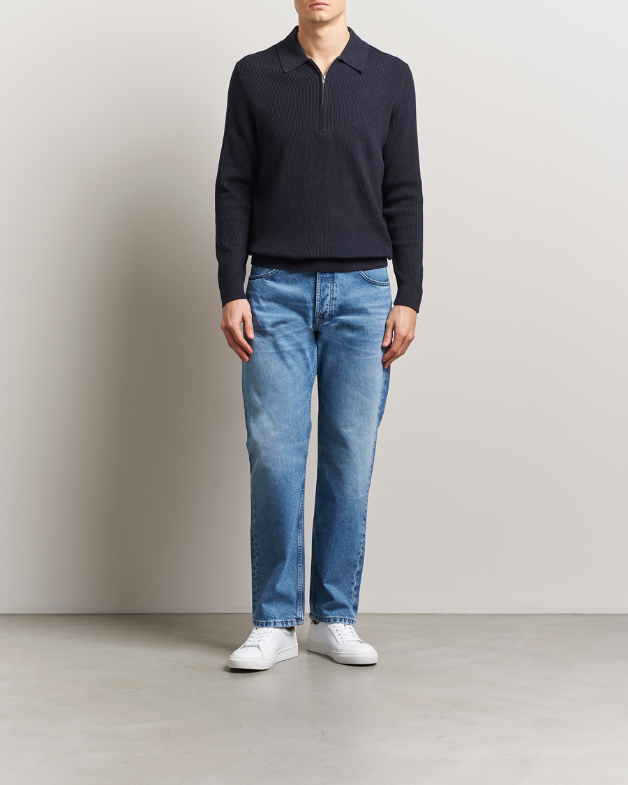 Hombres | Jerséis y prendas de punto | NN07 | Hansie Ribbed Knitted Half Zip Navy Melange