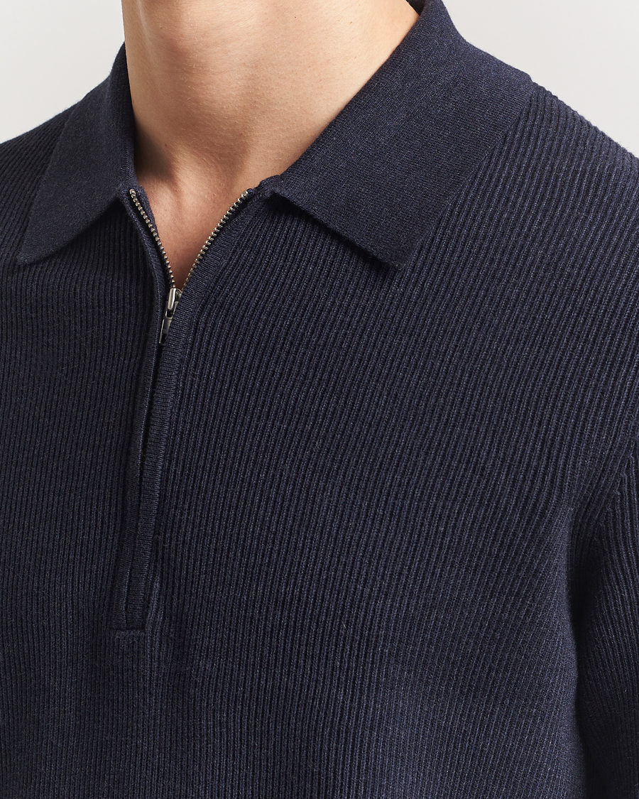 Hombres | Jerséis y prendas de punto | NN07 | Hansie Ribbed Knitted Half Zip Navy Melange