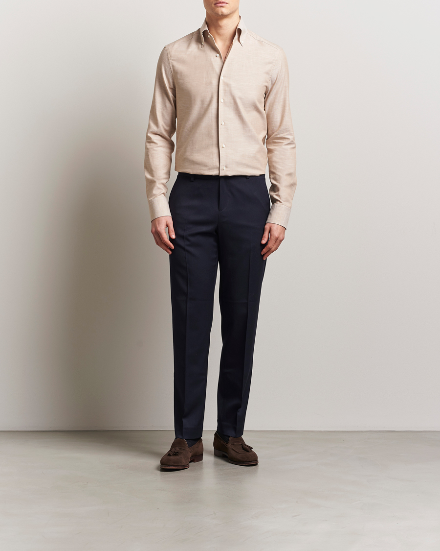 Hombres | Camisas | Stenströms | Soft Cotton One Piece Button Down Shirt Beige