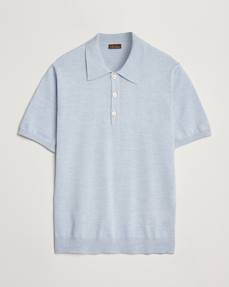 Hombres | Polos | Stenströms | Knitted Merino Polo Light Blue