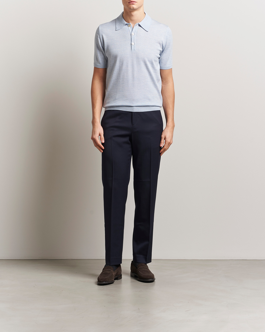 Hombres | Polos | Stenströms | Knitted Merino Polo Light Blue