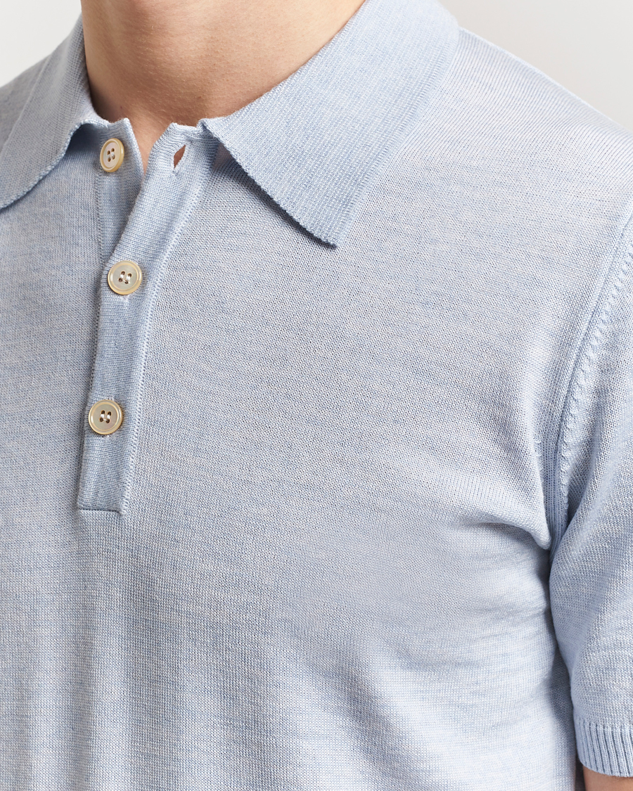 Hombres | Polos | Stenströms | Knitted Merino Polo Light Blue