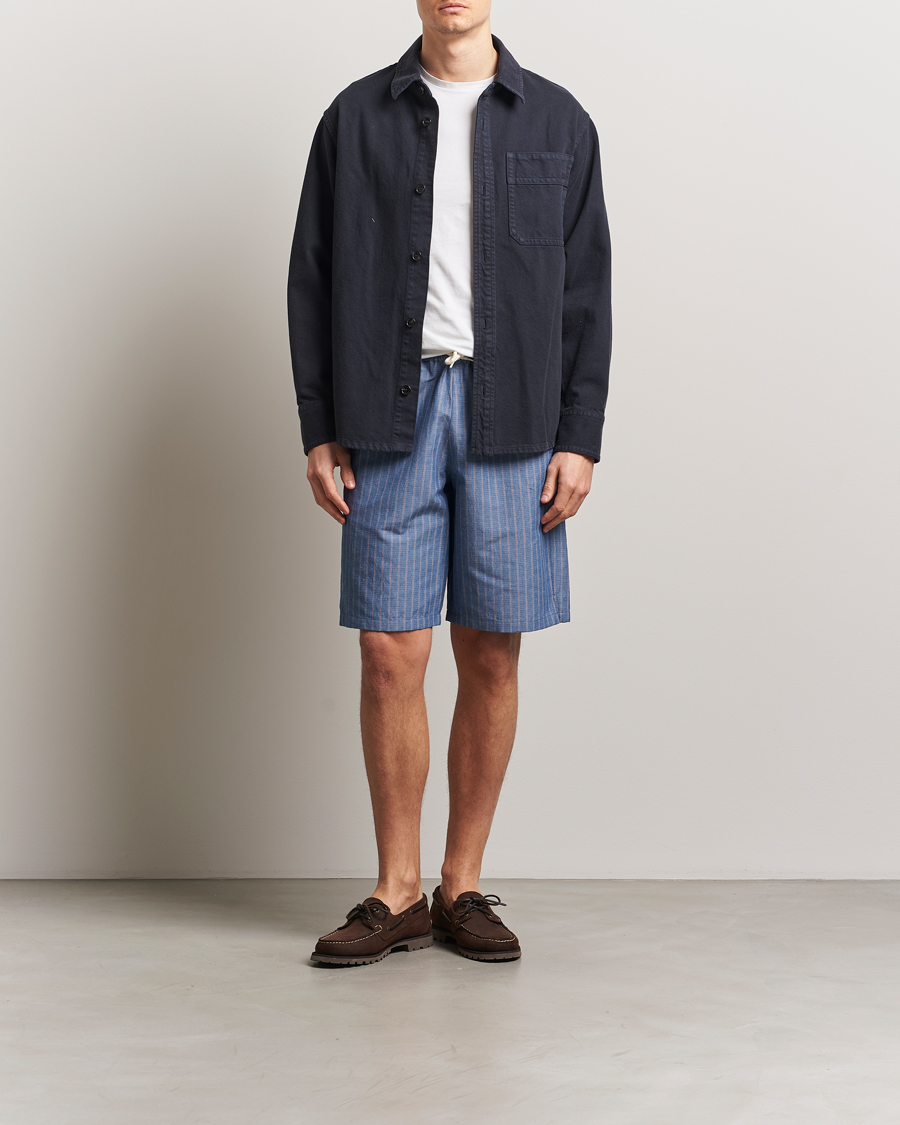 Hombres | Pantalones cortos | A.P.C. | Paul Cotton/Linen Striped Drawstring Shorts Blue