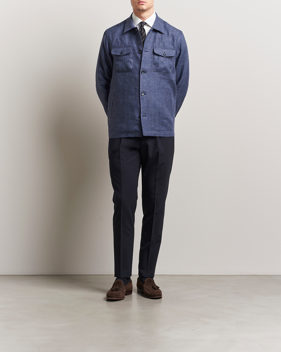 Hombres | Camisas | Eton | Linen Four Pocket Overshirt Navy Blue