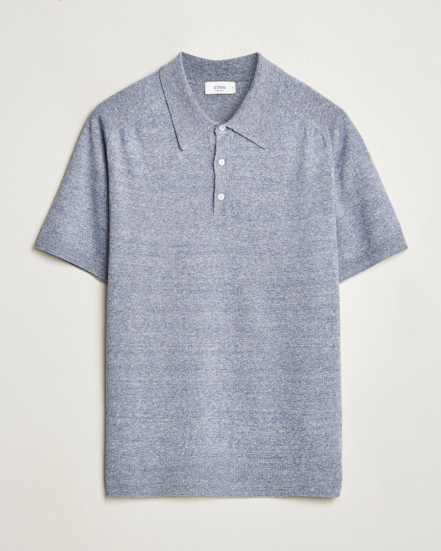 Hombres | Polos | Eton | Cotton/Linen Fine Knitted Polo Dark Blue