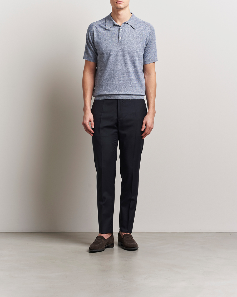 Hombres | Polos | Eton | Cotton/Linen Fine Knitted Polo Dark Blue