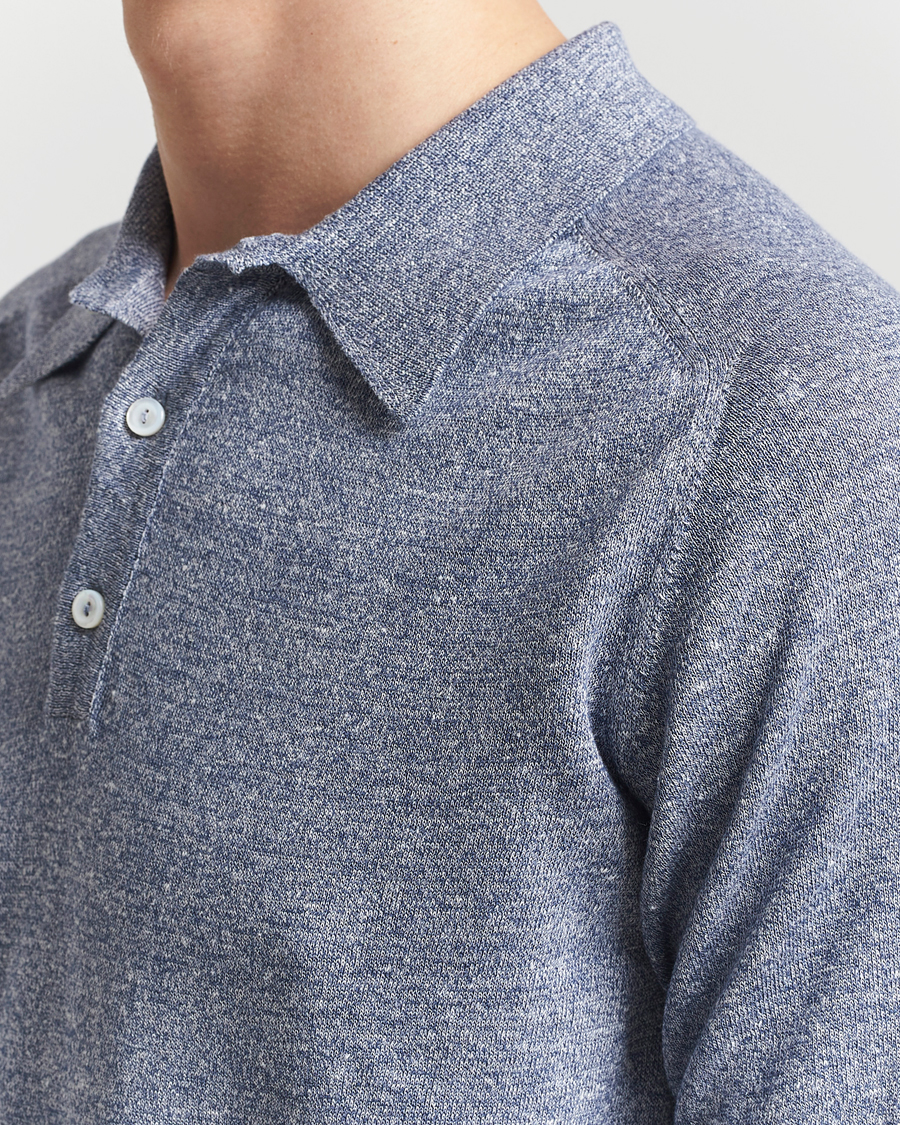 Hombres | Polos | Eton | Cotton/Linen Fine Knitted Polo Dark Blue