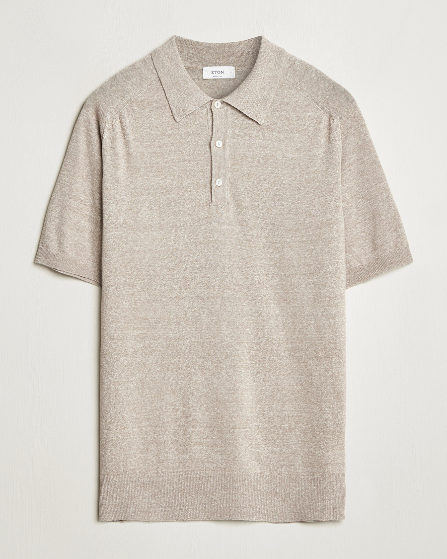 Hombres | Polos | Eton | Cotton/Linen Fine Knitted Polo Beige