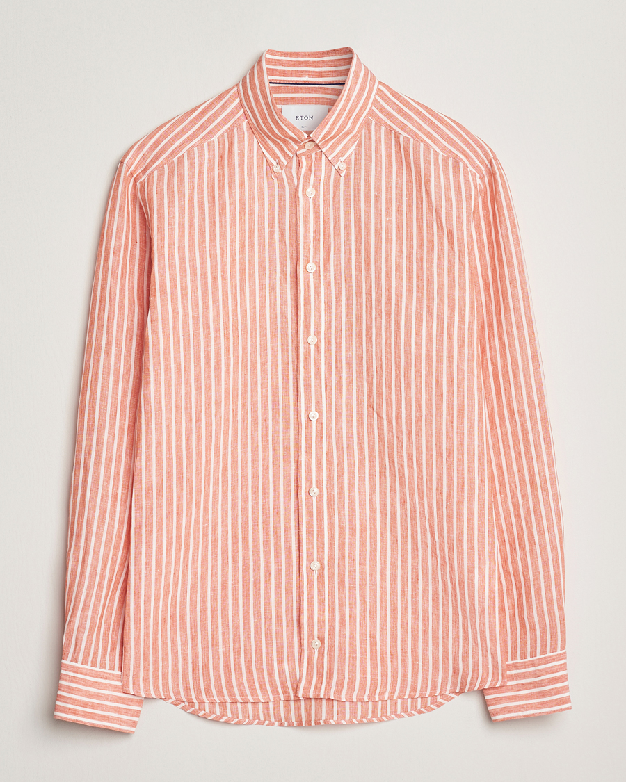 Hombres | Camisas | Eton | Slim Fit Striped Linen Shirt Orange/White