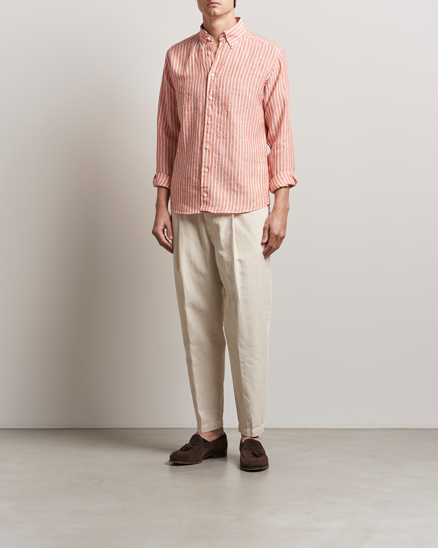 Hombres | Camisas | Eton | Slim Fit Striped Linen Shirt Orange/White