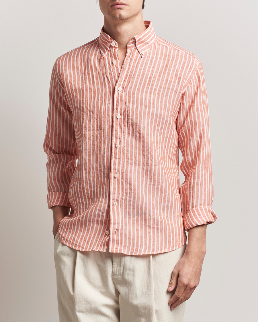 Hombres | Camisas | Eton | Slim Fit Striped Linen Shirt Orange/White