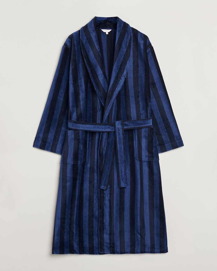 Hombres | Pijamas y batas | Derek Rose | Cotton Velour Striped Gown Navy/Blue