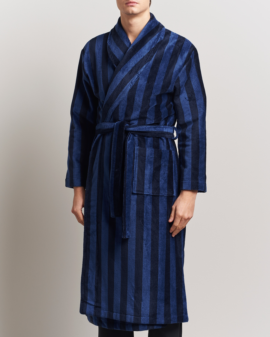 Hombres | Pijamas y batas | Derek Rose | Cotton Velour Striped Gown Navy/Blue