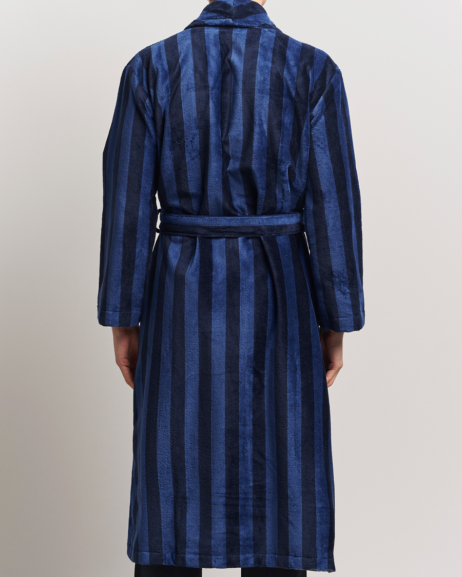 Hombres | Pijamas y batas | Derek Rose | Cotton Velour Striped Gown Navy/Blue