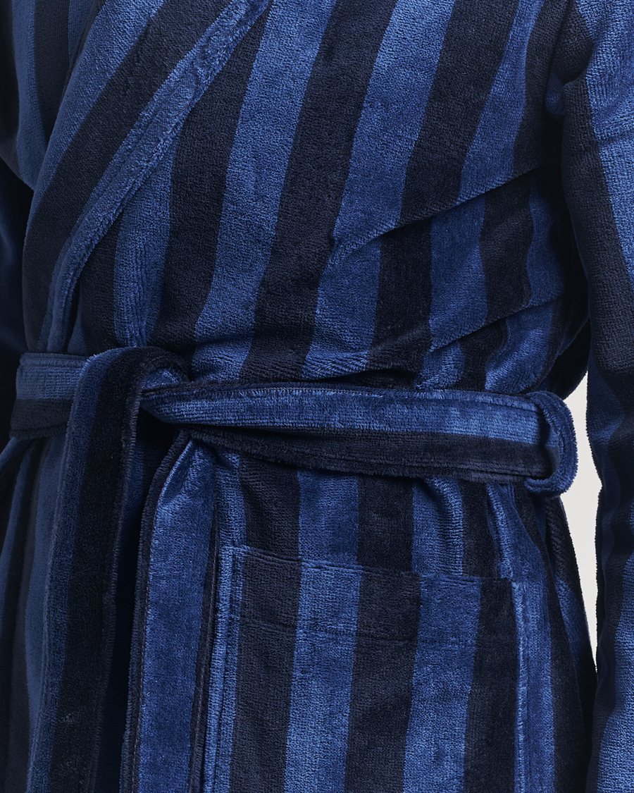 Hombres | Pijamas y batas | Derek Rose | Cotton Velour Striped Gown Navy/Blue