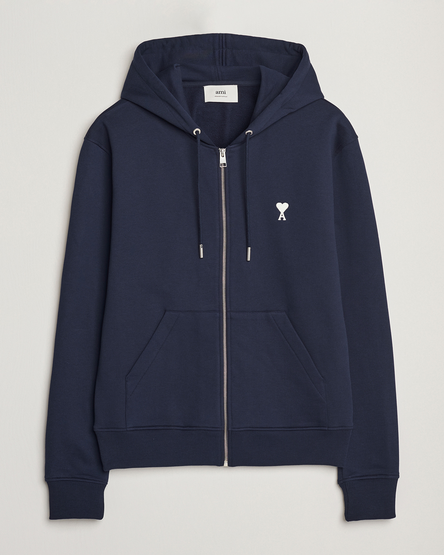 Hombres | Jerséis y prendas de punto | AMI | Off White Heart Logo Full Zip Hoodie Night Blue