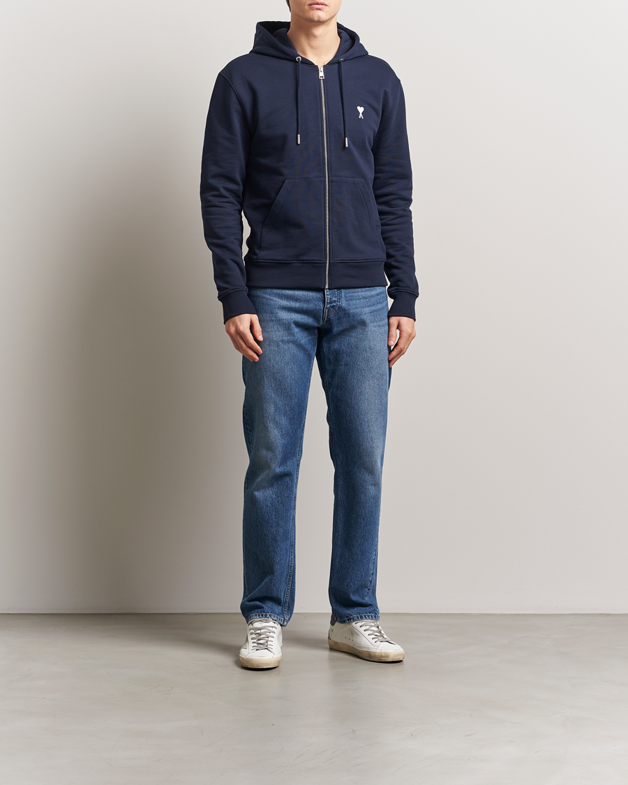 Hombres | Jerséis y prendas de punto | AMI | Off White Heart Logo Full Zip Hoodie Night Blue