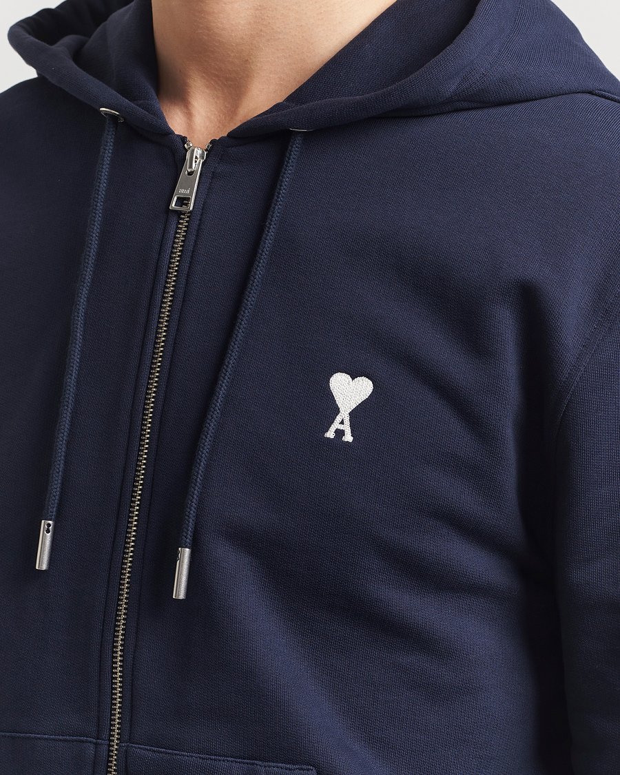 Hombres | Jerséis y prendas de punto | AMI | Off White Heart Logo Full Zip Hoodie Night Blue
