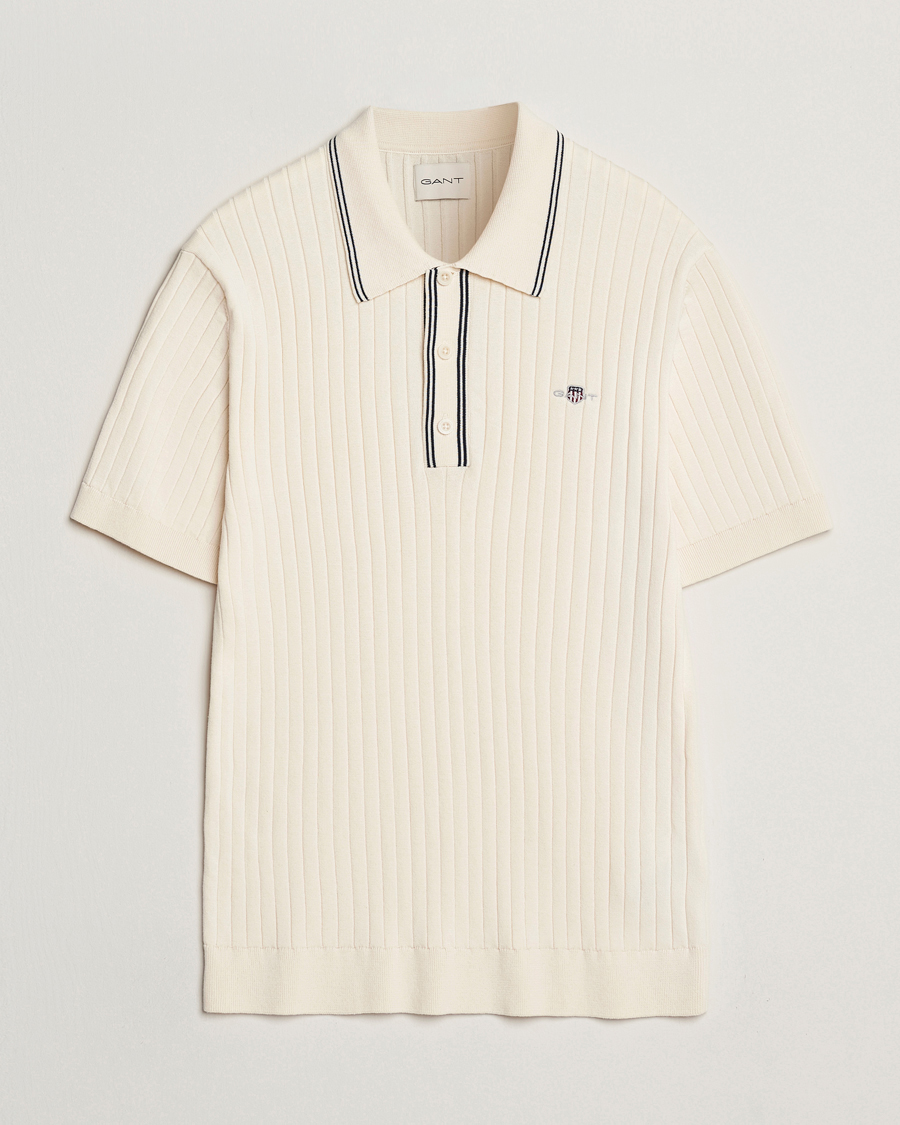 Hombres | Polos | GANT | Ribbed Cotton Knitted Polo Cream