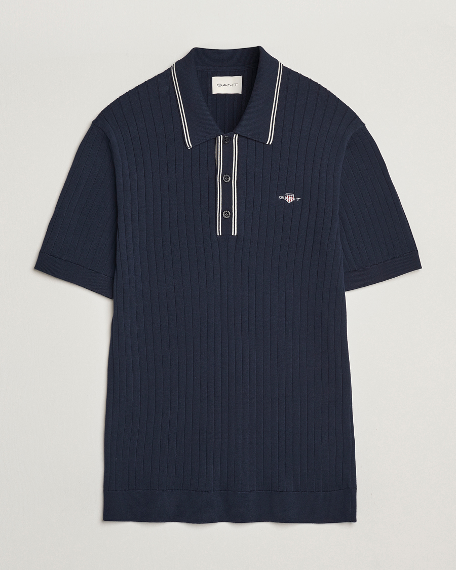Hombres | Polos | GANT | Ribbed Cotton Knitted Polo Evening Blue