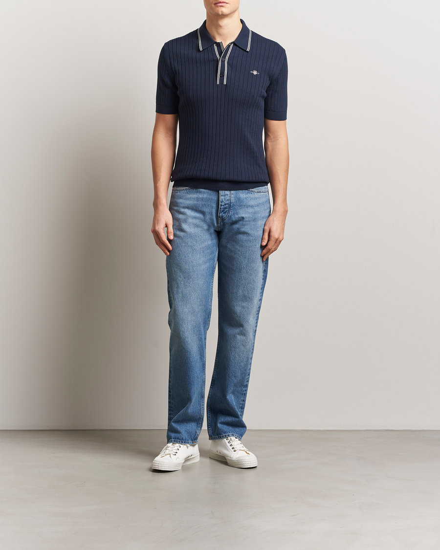 Hombres | Polos | GANT | Ribbed Cotton Knitted Polo Evening Blue