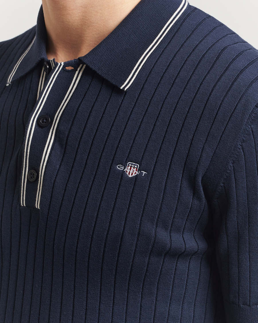 Hombres | Polos | GANT | Ribbed Cotton Knitted Polo Evening Blue