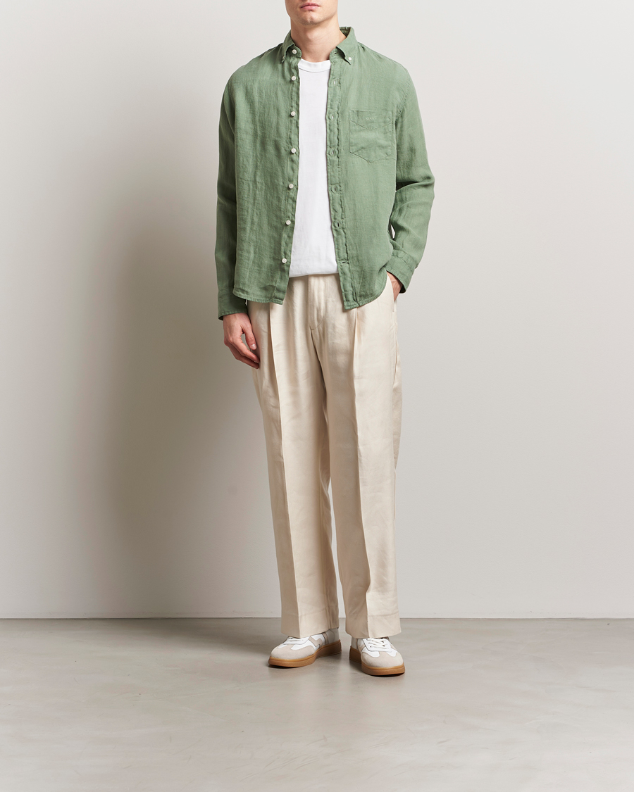 Hombres | Camisas | GANT | Regular Fit Garment Dyed Linen Shirt Kalamata Green