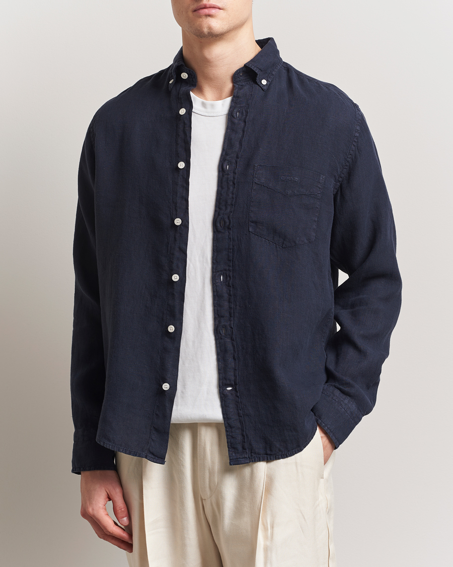Hombres | Camisas | Gant | Regular Fit Garment Dyed Linen Shirt Evening Blue