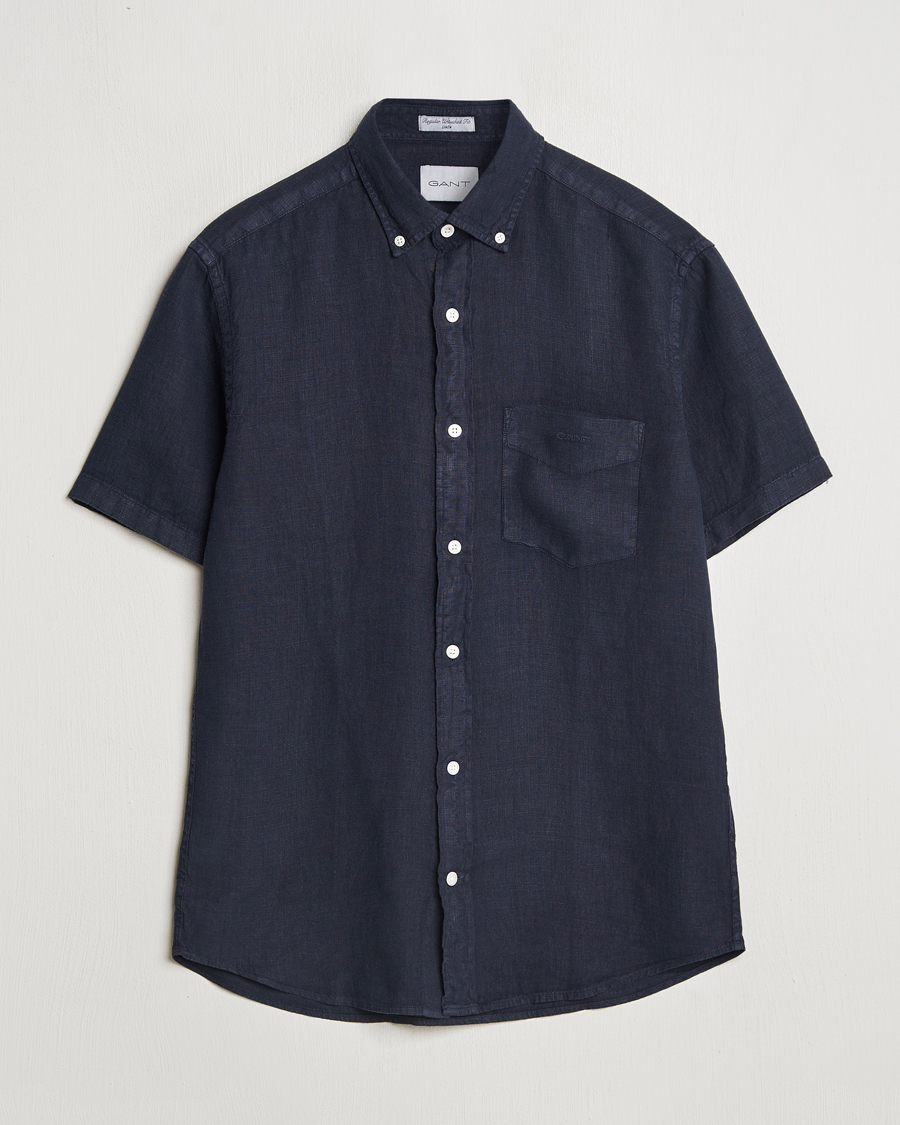 Hombres | Camisas | GANT | Regular Fit Garment Dyed Short Sleeve Linen Shirt Evening Blue