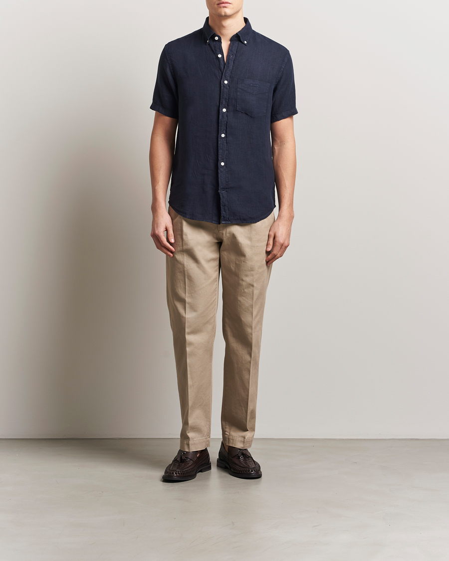 Hombres | Camisas | GANT | Regular Fit Garment Dyed Short Sleeve Linen Shirt Evening Blue