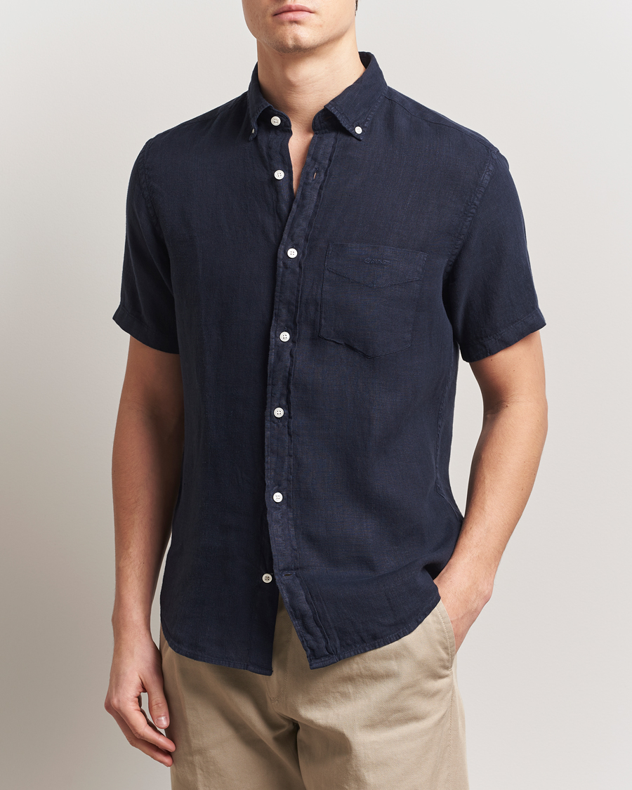 Hombres | Camisas | Gant | Regular Fit Garment Dyed Short Sleeve Linen Shirt Evening Blue