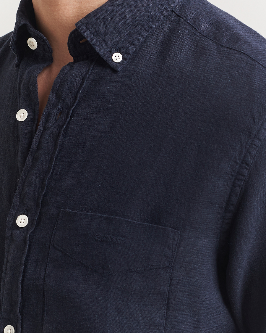 Hombres | Camisas | GANT | Regular Fit Garment Dyed Short Sleeve Linen Shirt Evening Blue