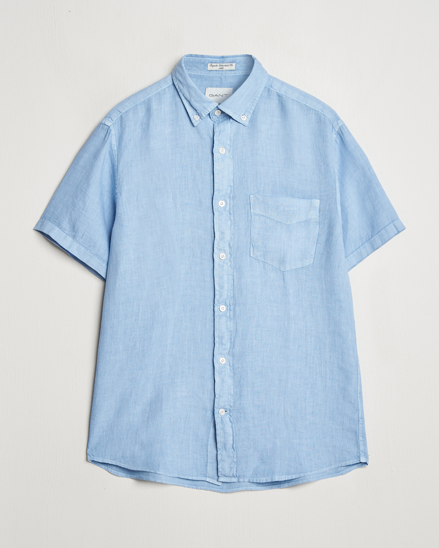 Hombres | Camisas | GANT | Regular Fit Garment Dyed Short Sleeve Linen Shirt Capri Blue