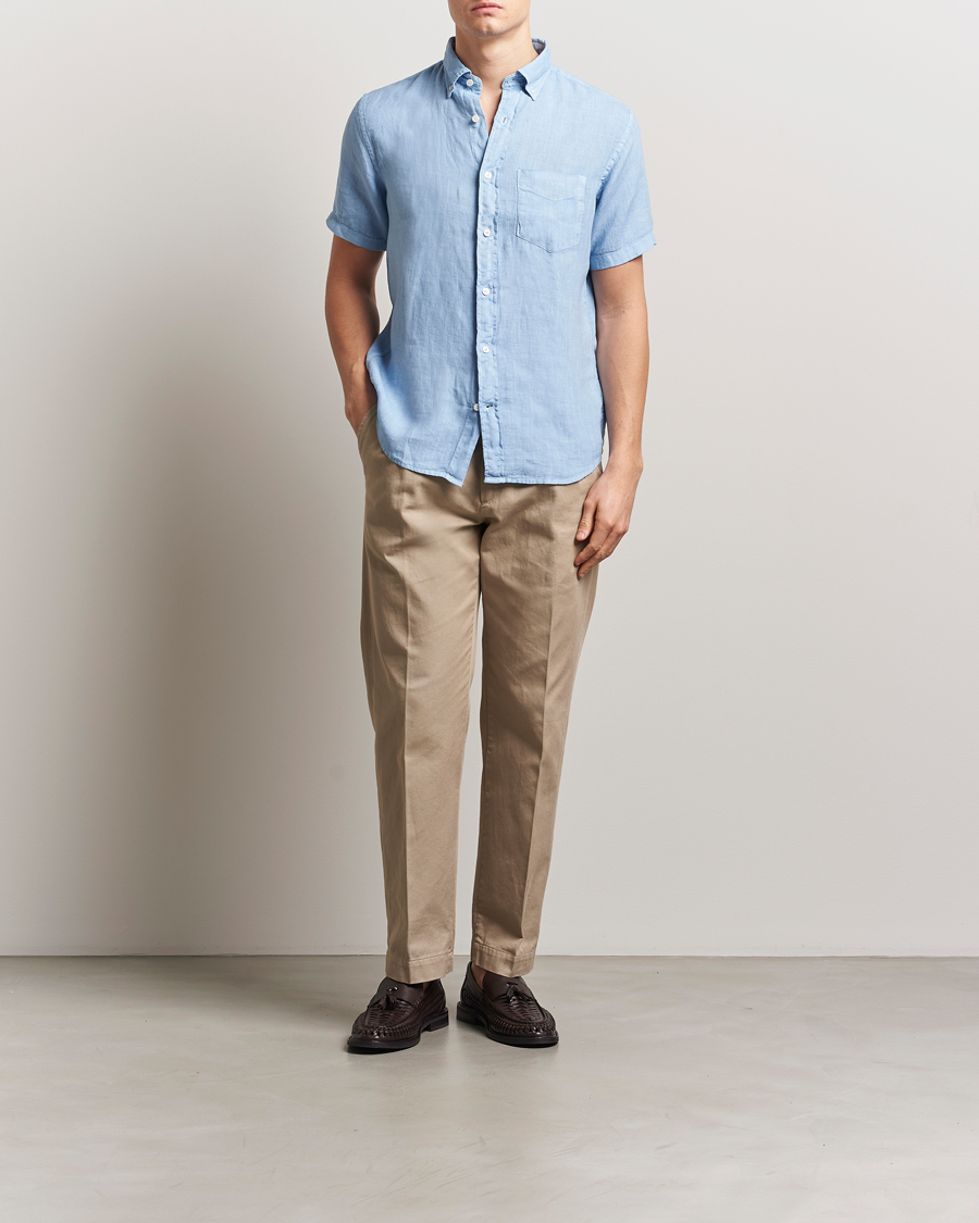 Hombres | Camisas | GANT | Regular Fit Garment Dyed Short Sleeve Linen Shirt Capri Blue