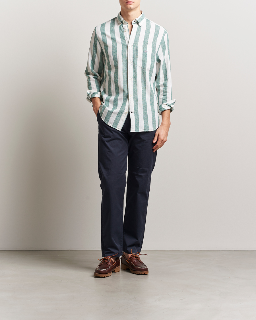 Hombres | Camisas | GANT | Cotton/Linen Wide Striped Shirt Woody Green