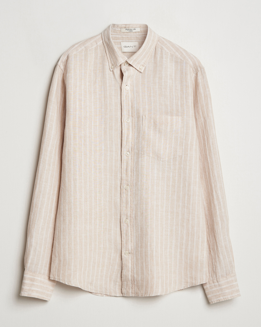 Hombres | Camisas | GANT | Regular Fit Linen Striped Shirt Dry Sand