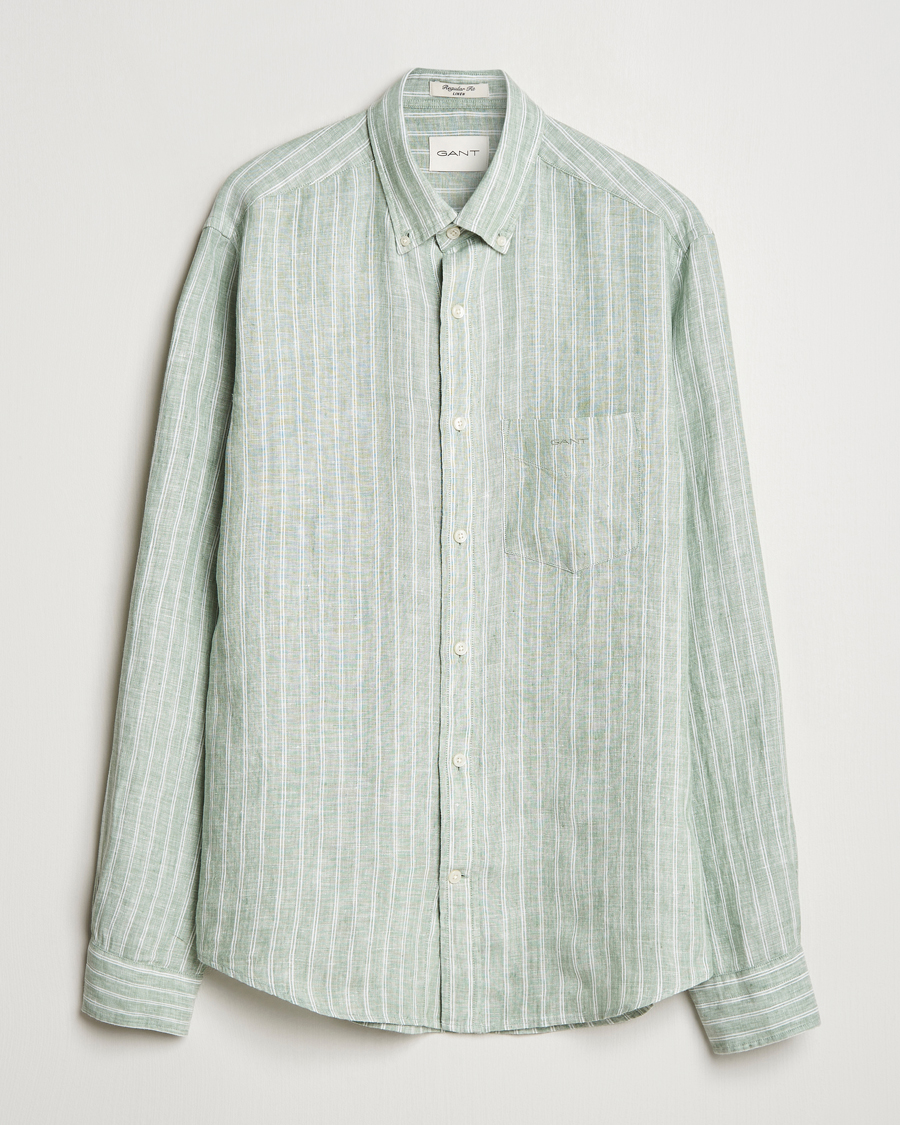 Hombres | Camisas | GANT | Regular Fit Linen Striped Shirt Kalamata Green