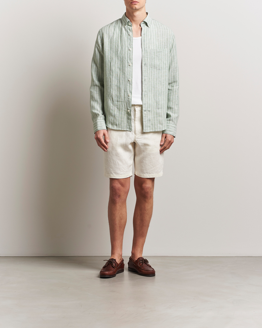 Hombres | Camisas | GANT | Regular Fit Linen Striped Shirt Kalamata Green