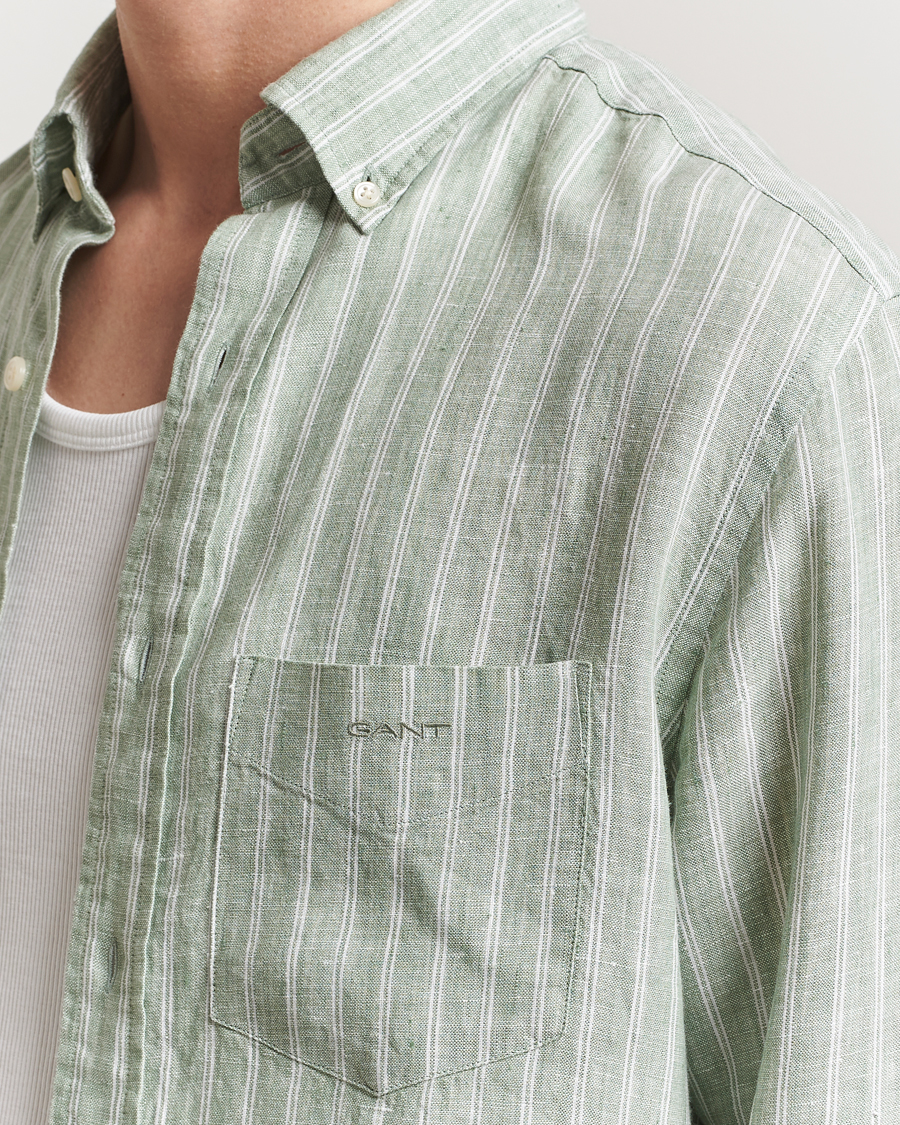 Hombres | Camisas | GANT | Regular Fit Linen Striped Shirt Kalamata Green