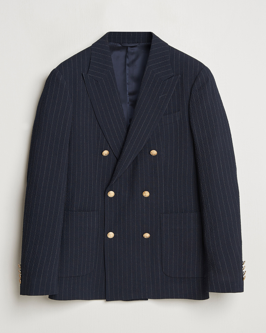 Hombres | Blazers | GANT | Slim Fit Seersucker Double Breasted Blazer Evening Blue