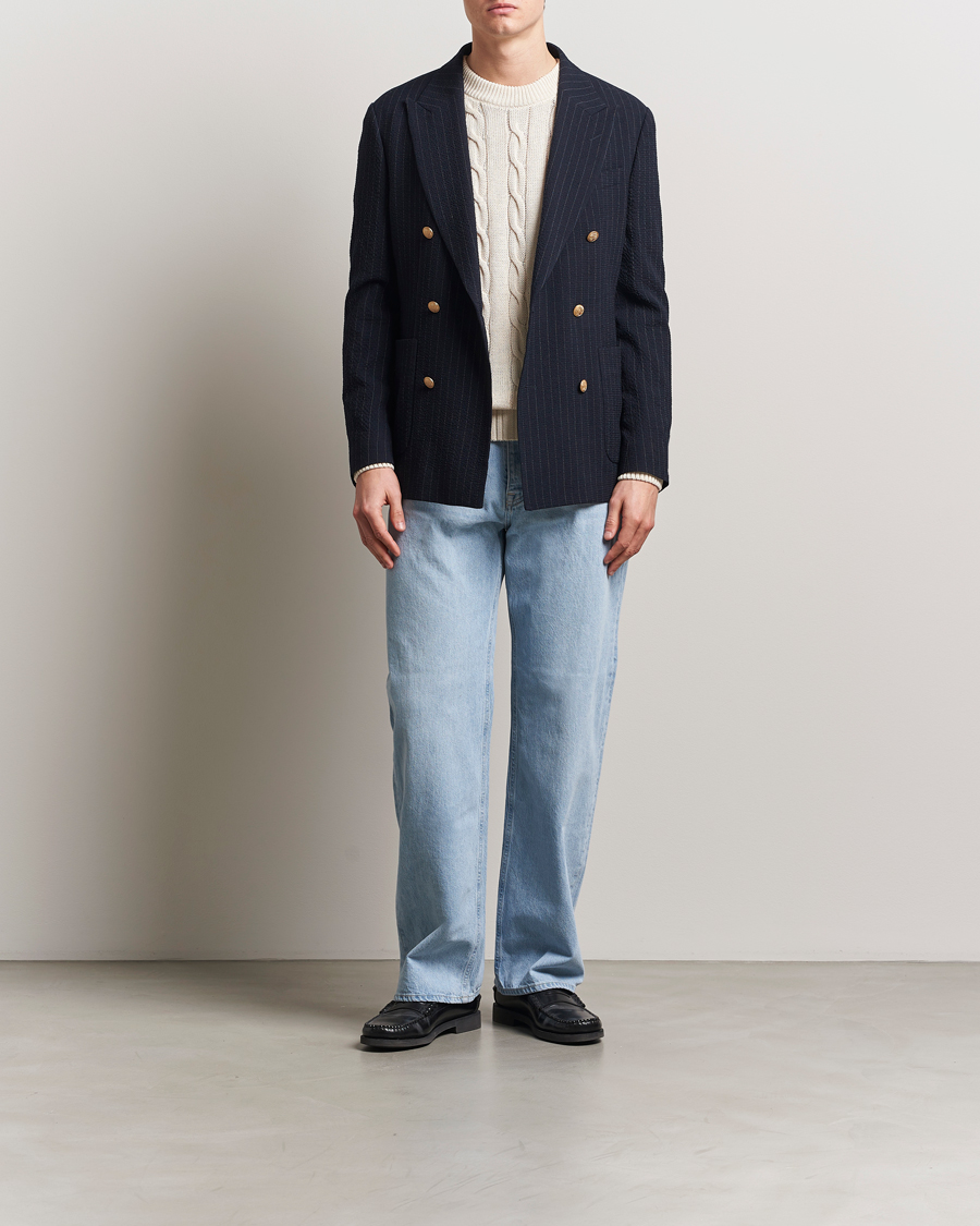 Hombres | Blazers | GANT | Slim Fit Seersucker Double Breasted Blazer Evening Blue