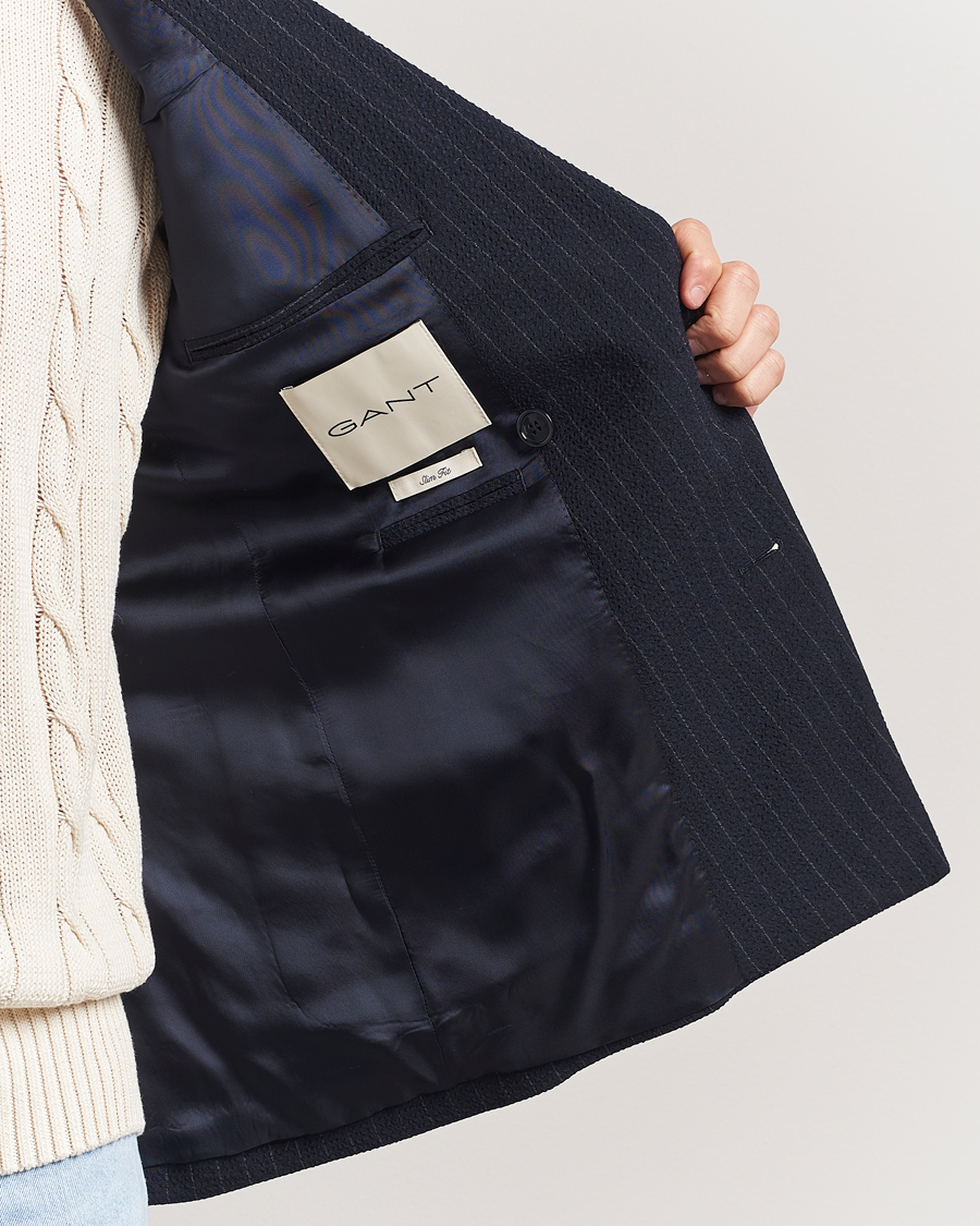 Hombres | Blazers | GANT | Slim Fit Seersucker Double Breasted Blazer Evening Blue