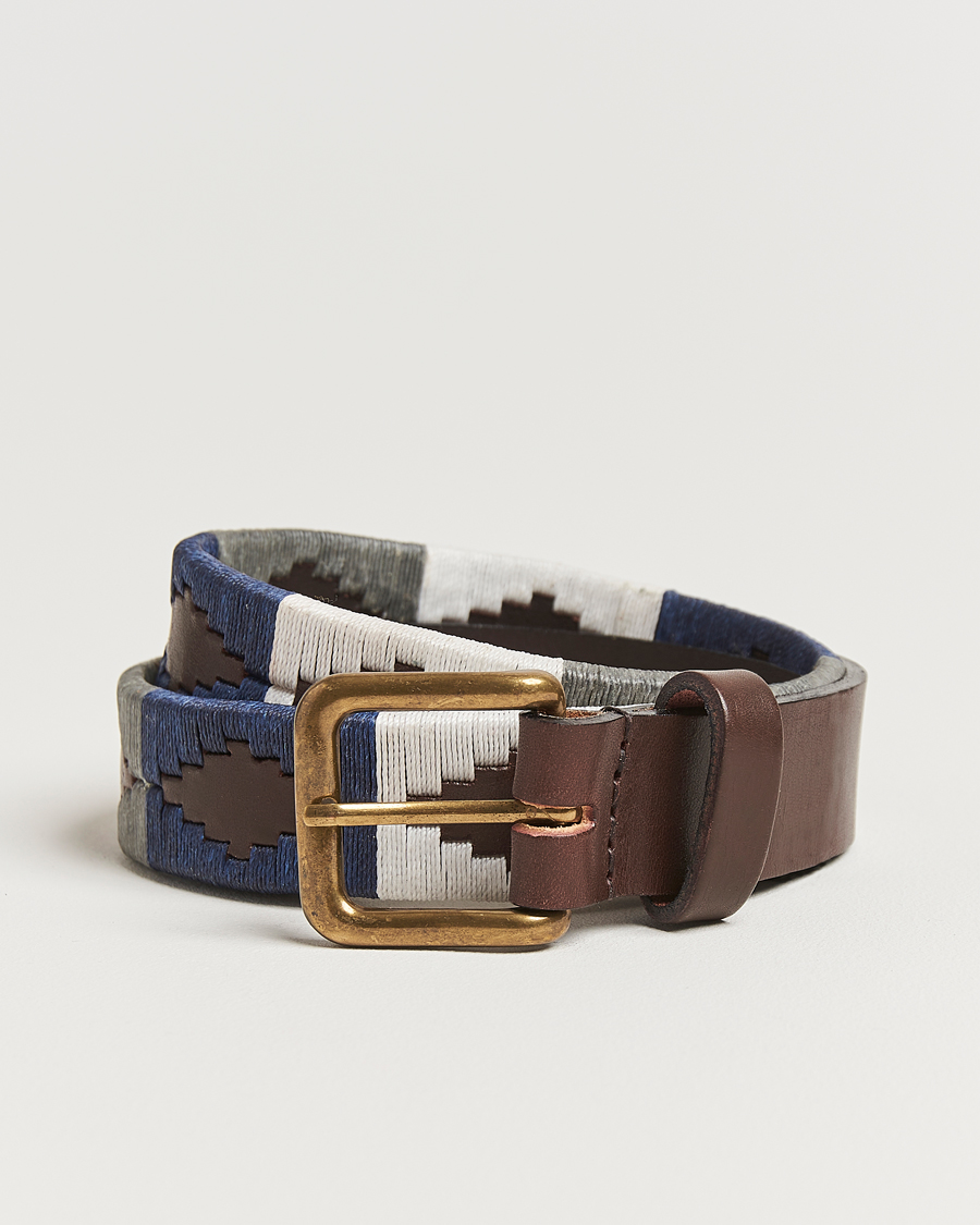 Hombres | Cinturones | Pampeano | Roca Hand Stitched Classic Leather Belt 3,5cm Blue/Grey/White