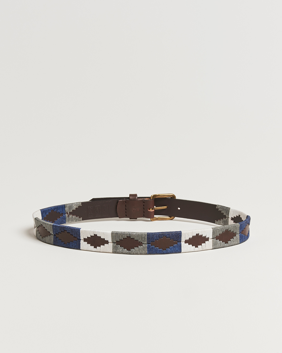 Hombres | Cinturones | Pampeano | Roca Hand Stitched Classic Leather Belt 3,5cm Blue/Grey/White
