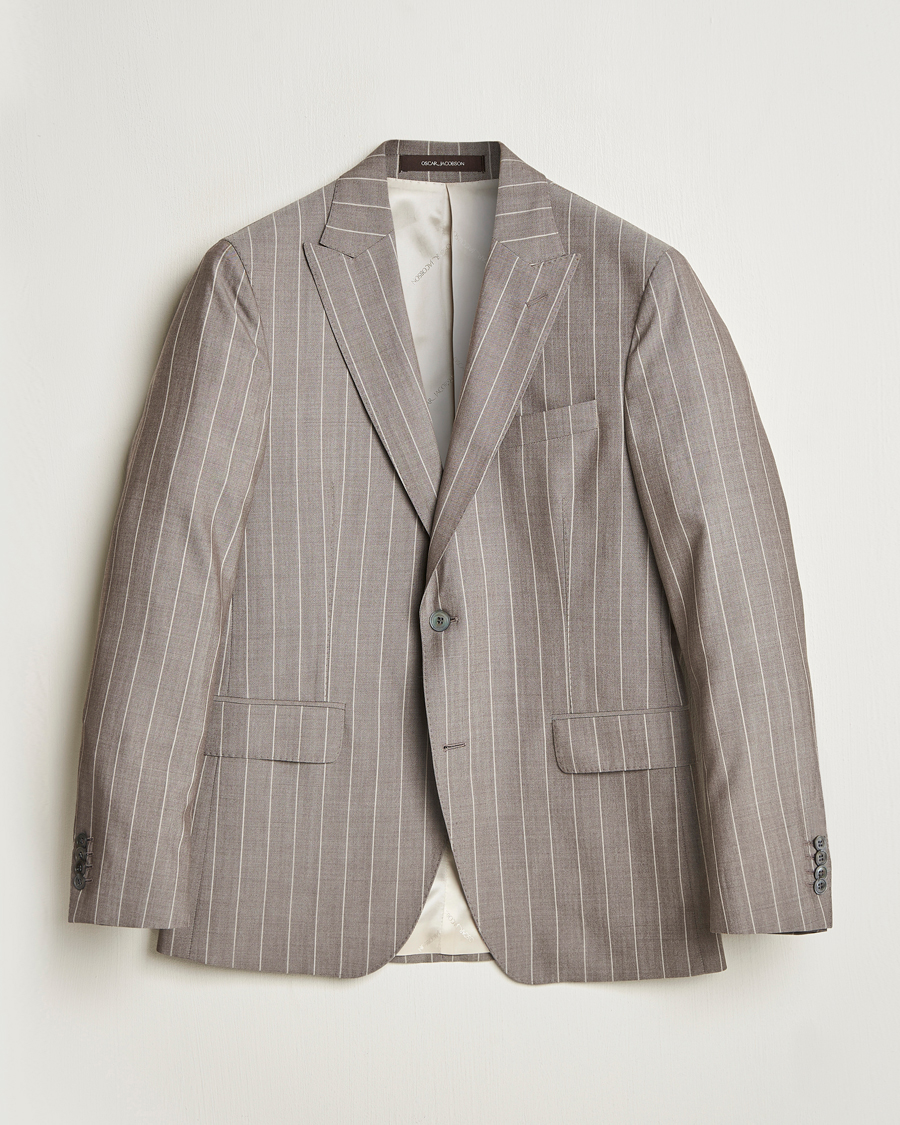 Hombres | Blazers | Oscar Jacobson | Faron Striped Super 130s Wool Blazer Beige