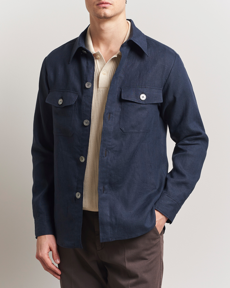 Hombres | Camisas | Oscar Jacobson | Maverick Linen Shirt Jacket Navy