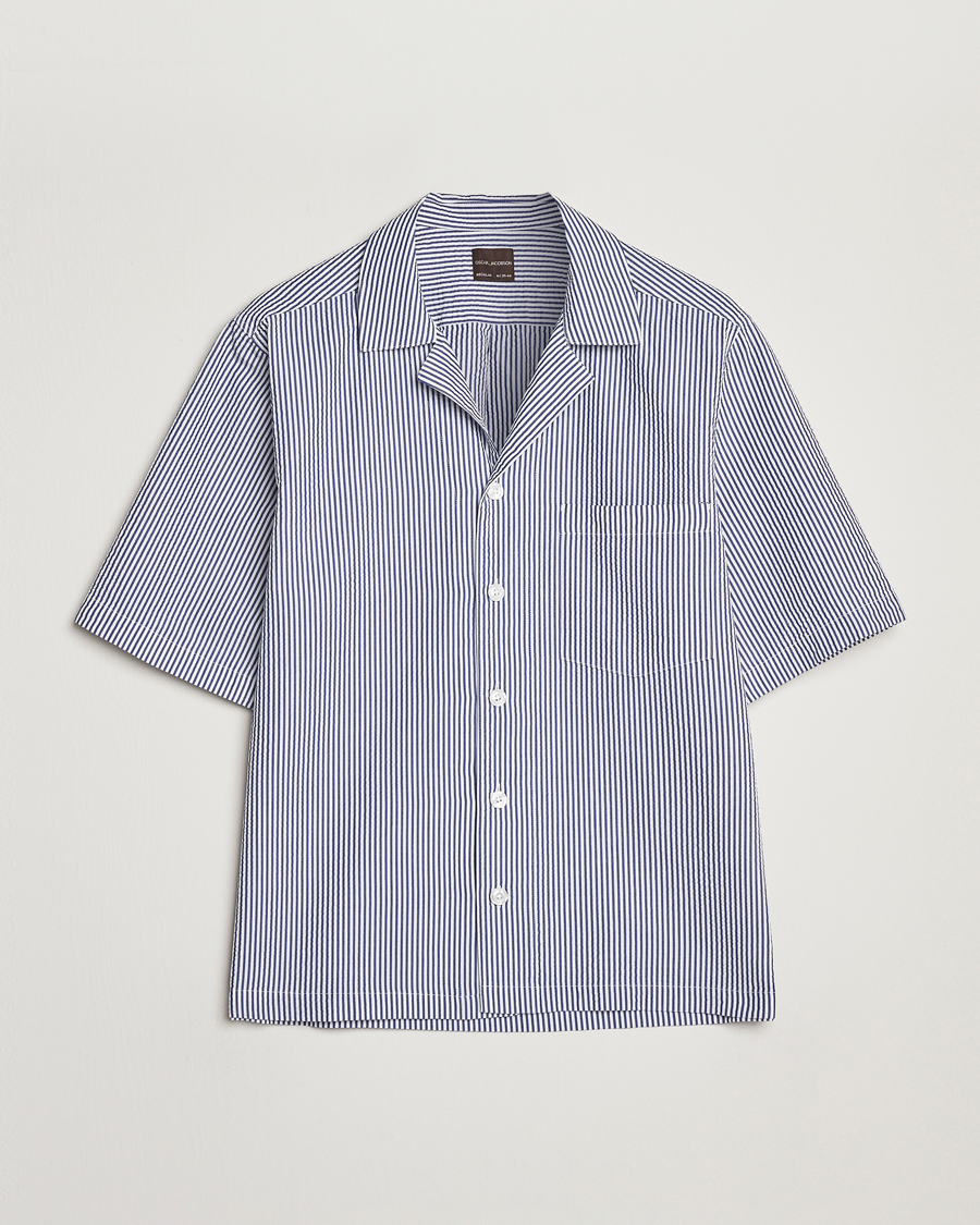 Hombres | Camisas | Oscar Jacobson | Cuban Short Sleeve Seersucker Shirt Blue/White