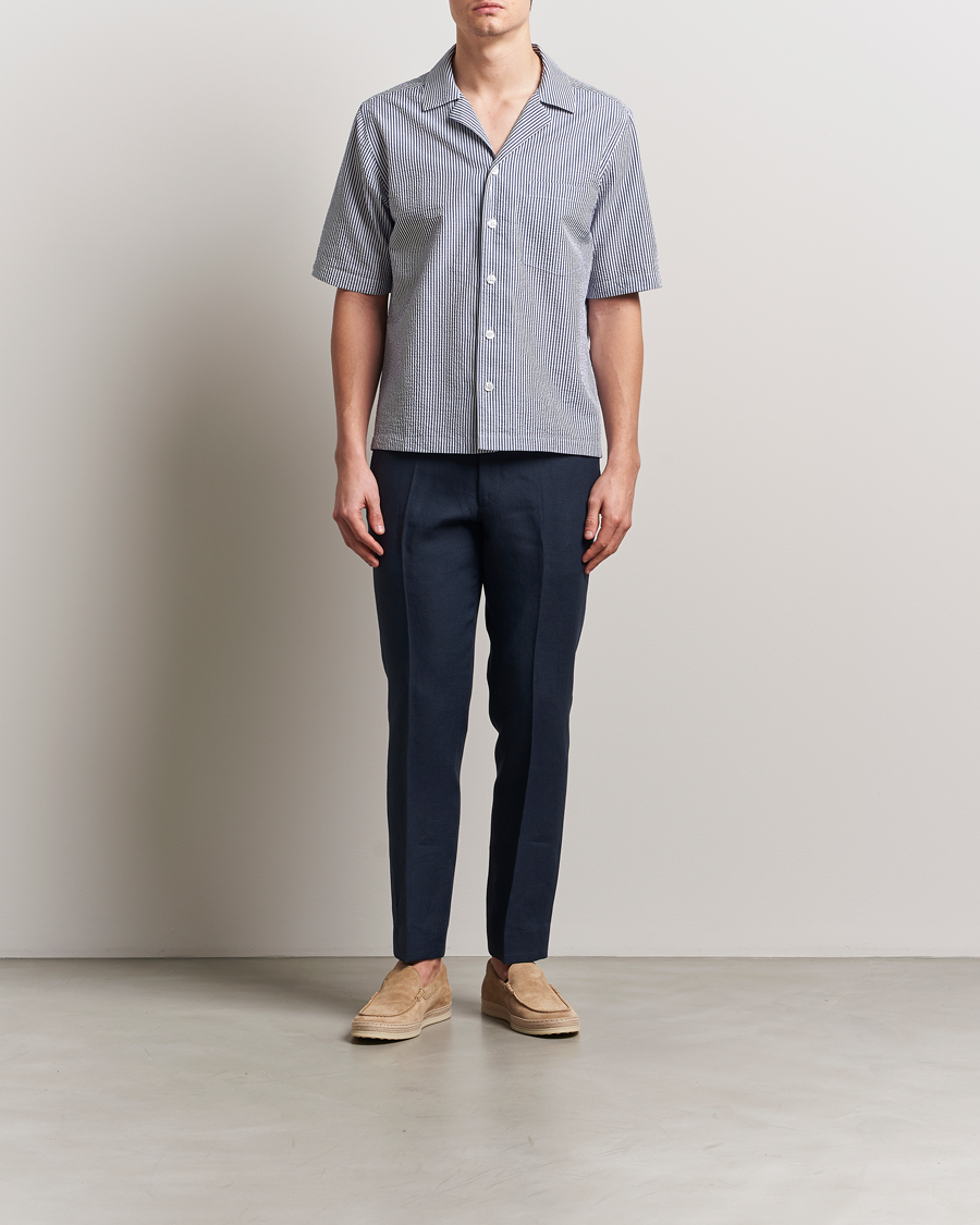 Hombres | Camisas | Oscar Jacobson | Cuban Short Sleeve Seersucker Shirt Blue/White