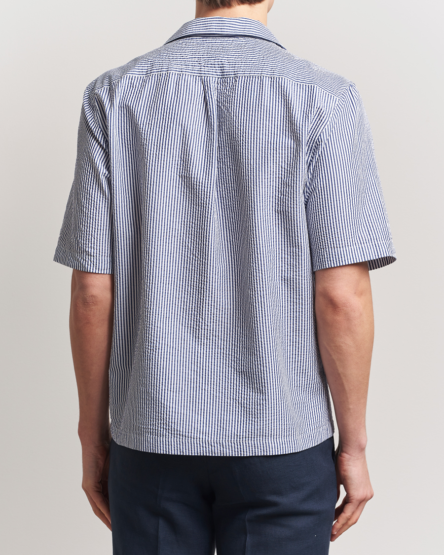 Hombres | Camisas | Oscar Jacobson | Cuban Short Sleeve Seersucker Shirt Blue/White